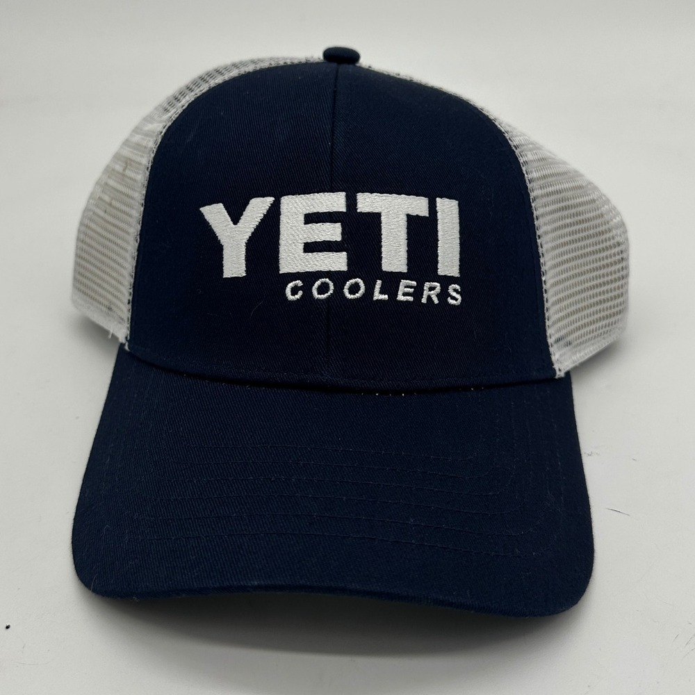 Yeti Coolers Mens Fishing‎ Hats OSFA Blue White Mesh Snap Back Cap Outdoor NEW